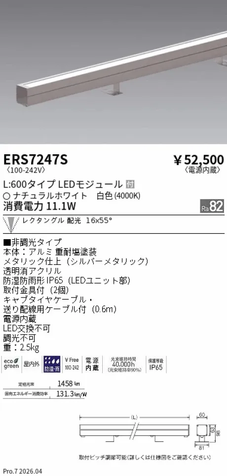 遠藤照明 ラインスポットライト L:600タイプ ERS7247S