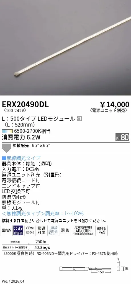 遠藤照明 間接照明 フレキシブルライト　L：500タイプ ERX20490DL