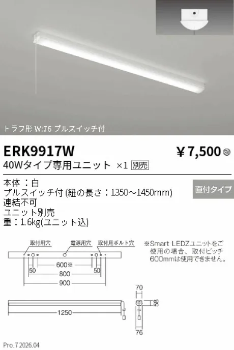 遠藤照明 ベースライト 40Wタイプ トラフ形 プルスイッチ付 ERK9917W