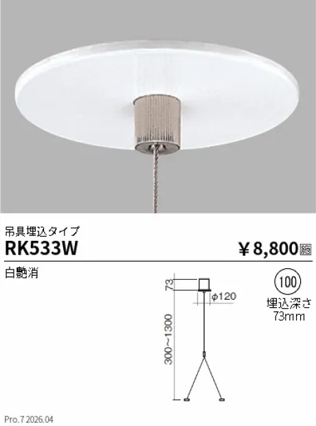 遠藤照明 吊具埋込タイプ Φ100 RK533W