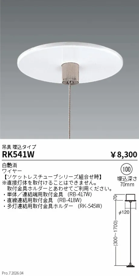 遠藤照明 吊具　埋込タイプ Φ100 RK541W