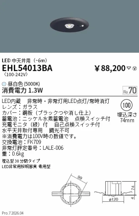 遠藤照明 非常灯 埋込型30分間タイプ Φ100 EHL54013BA