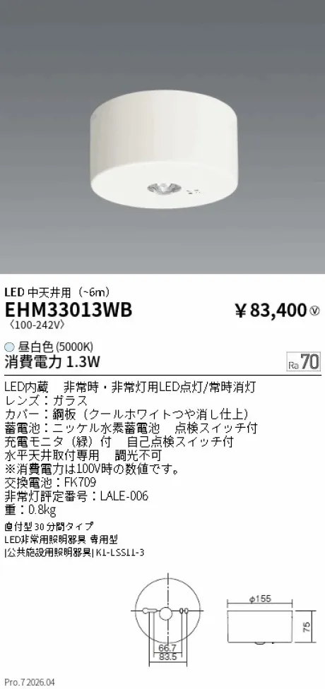 遠藤照明 非常灯 直付型30分間タイプ EHM33013WB