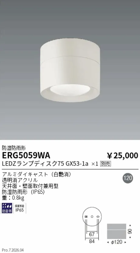 遠藤照明 防湿防雨形シーリングダウンライト ERG5059WA