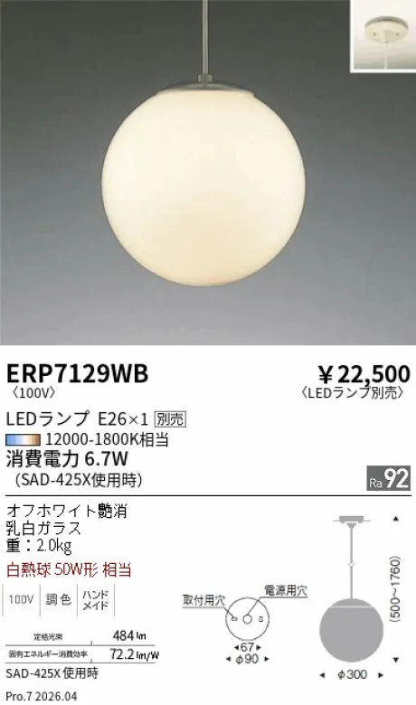 遠藤照明 ペンダントライト ERP7129WB