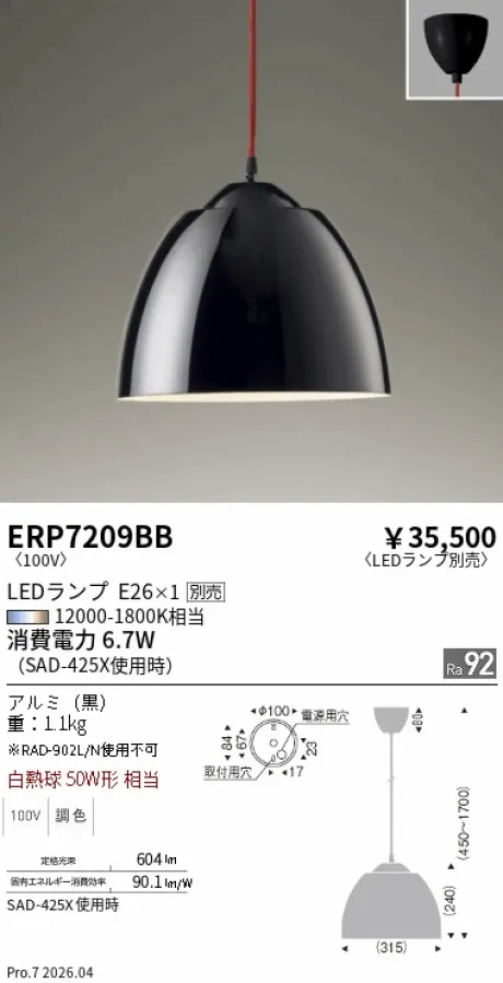 遠藤照明 ペンダントライト ERP7209BB