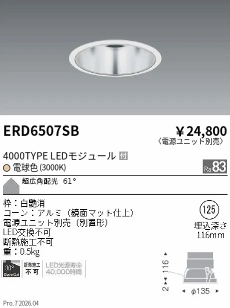 遠藤照明 ベースダウンライト　一般型鏡面マットコーン Φ125 ERD6507SB