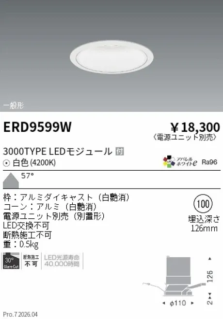 遠藤照明 ベースダウンライト　白コーン Φ100 ERD9599W