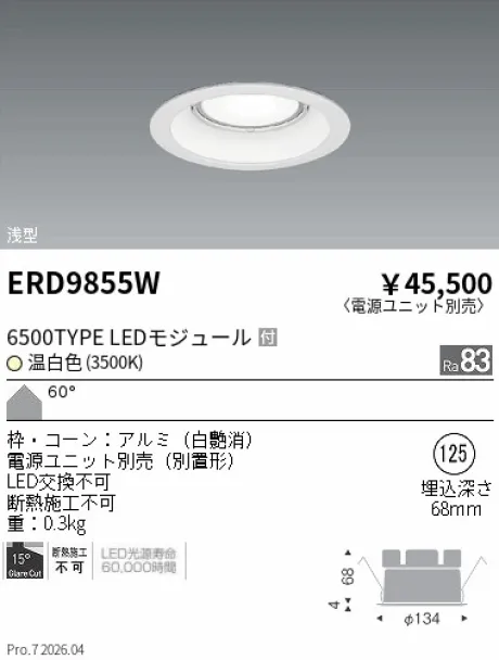 遠藤照明 ベースダウンライト　浅型白コーン Φ125 ERD9855W