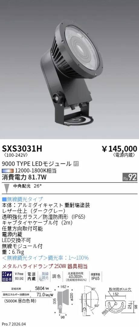 遠藤照明 アウトドアハイパワースポットライト SXS3031H
