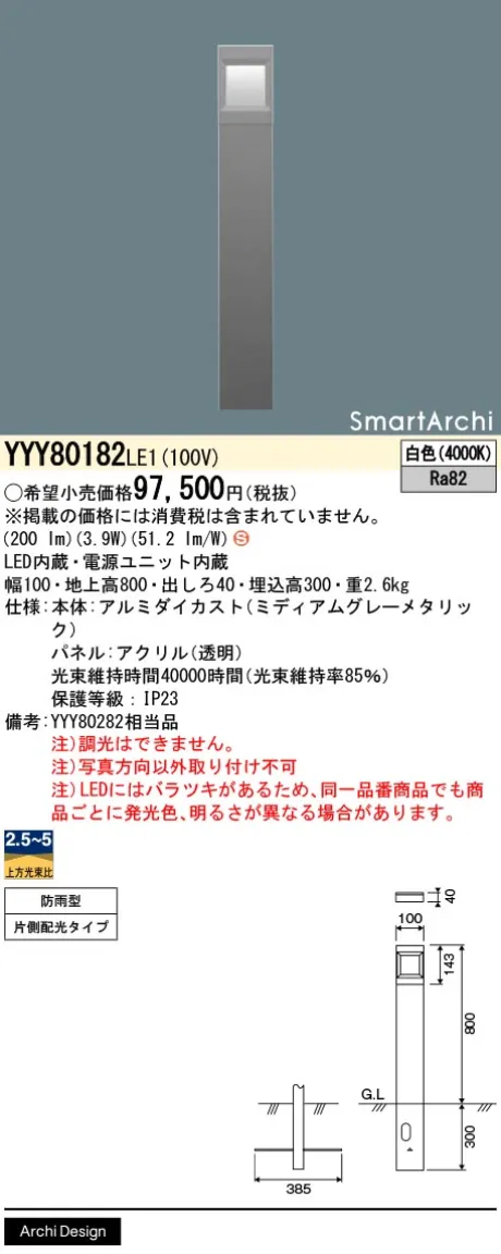 パナソニック 地中埋込型　LED(白色)　ローポールライト　片側ワイド配光タイプ　防雨型　SmartArchi(スマートアーキ)　パネル付型 YYY80182LE1
