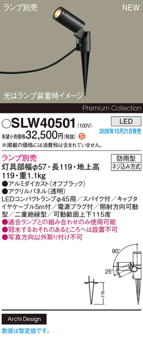 パナソニック スパイク取付型　LED　エクステリア スポットライト　防雨型　パネル付型 SLW40501