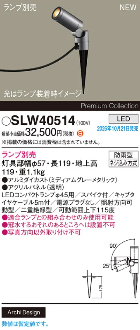 パナソニック スパイク取付型　LED　エクステリア スポットライト　防雨型　パネル付型 SLW40514
