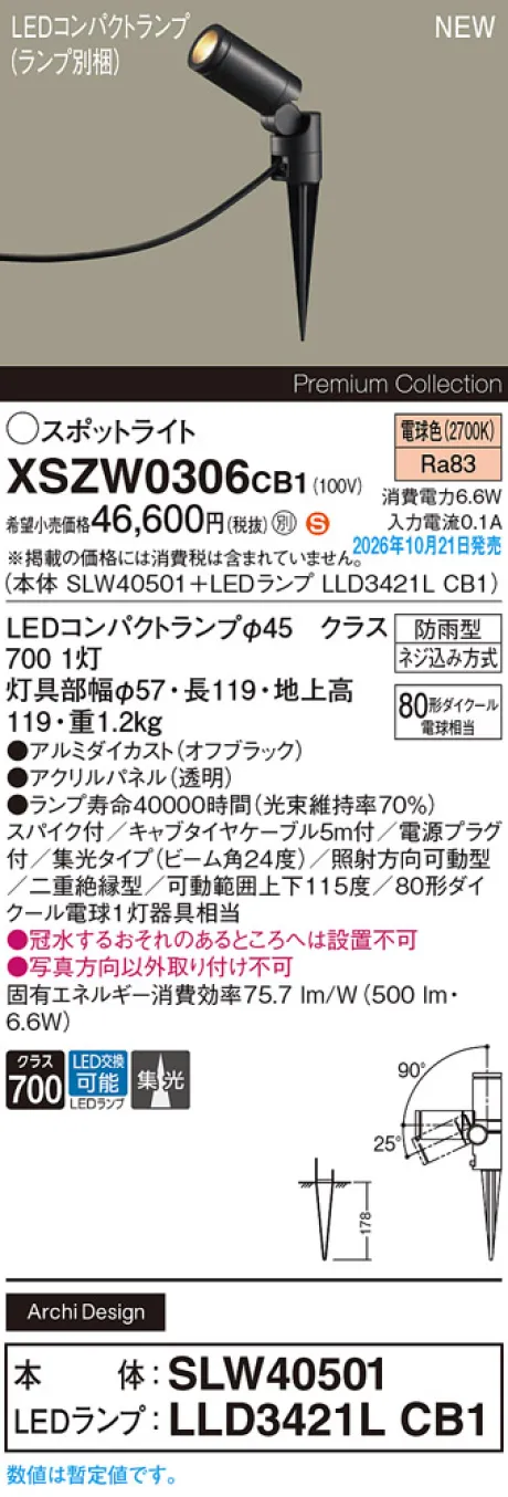 パナソニック スパイク取付型　LED(電球色)　エクステリア スポットライト　ビーム角24度・集光タイプ　LEDコンパクトランプ交換型・防雨型　パネル付型　110Vダイクール電球80形1灯器具相当(SLW40501+LLD3421LCB1) XSZW0306CB1