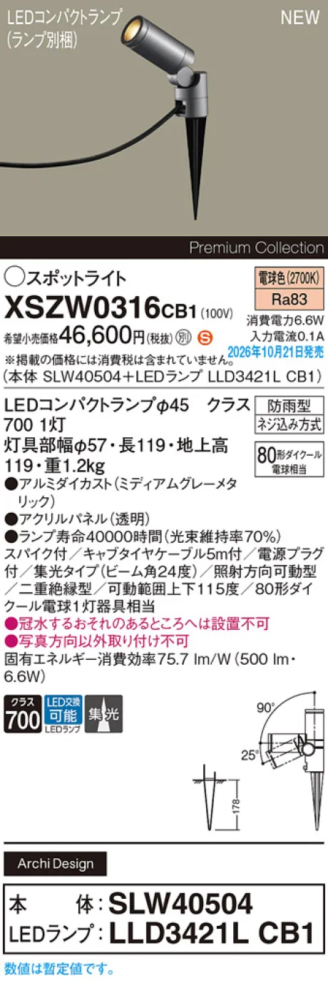 パナソニック スパイク取付型　LED(電球色)　エクステリア スポットライト　ビーム角24度・集光タイプ　LEDコンパクトランプ交換型・防雨型　パネル付型　110Vダイクール電球80形1灯器具相当(SLW40504+LLD3421LCB1) XSZW0316CB1