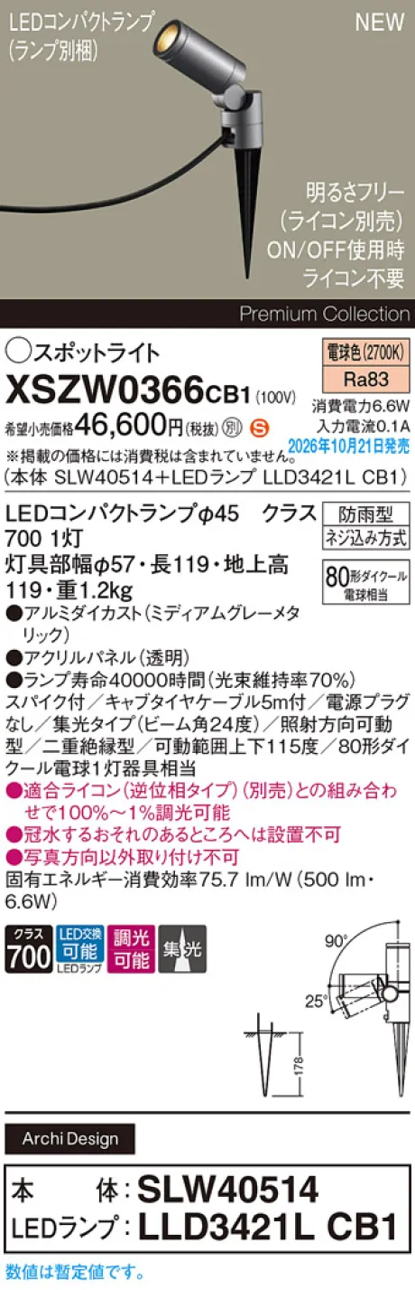 パナソニック スパイク取付型　LED(電球色)　エクステリア スポットライト　ビーム角24度・集光タイプ　LEDコンパクトランプ交換型・防雨型・調光タイプ(ライコン別売)　パネル付型　110Vダイクール電球80形1灯器具相当(SLW40514+LLD3421LCB1) XSZW0366CB1