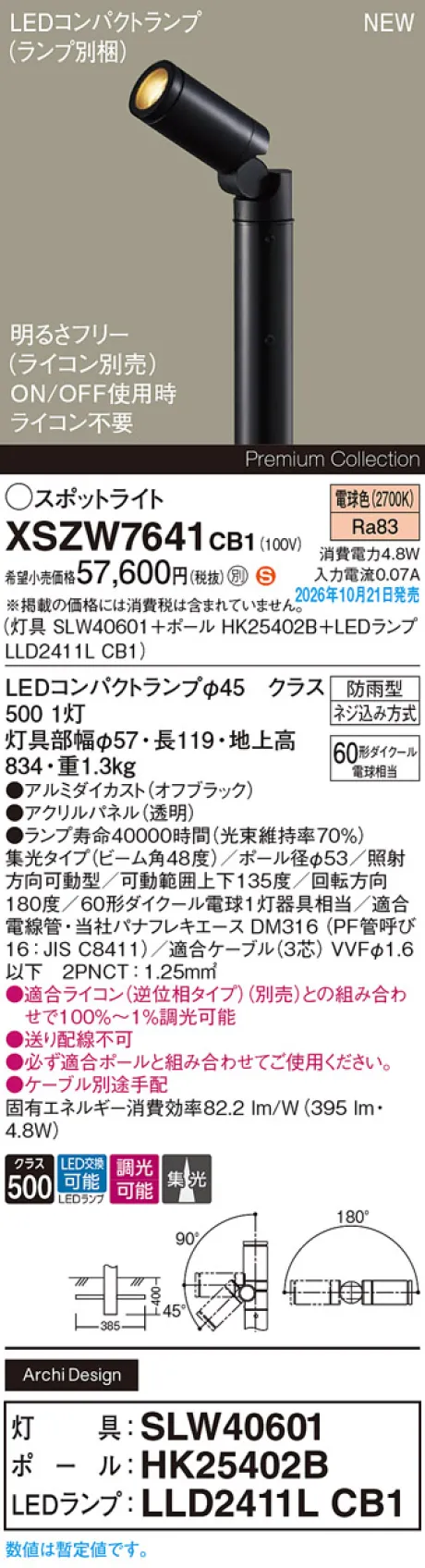 パナソニック 地中埋込型　LED(電球色)　エクステリア スポットライト　ビーム角48度・集光タイプ　LEDコンパクトランプ交換型・防雨型・調光タイプ(ライコン別売)　パネル付型　110Vダイクール電球60形1灯器具相当(SLW40601+HK25402B+LLD2411LCB1) XSZW7641CB1